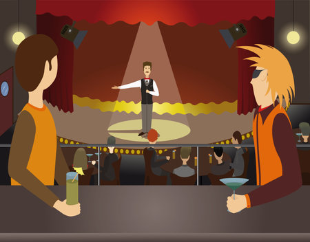 Two guys in the bar looking down on the stageのイラスト素材
