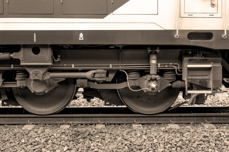 Sepia color of train Wheels on railway stationの写真素材