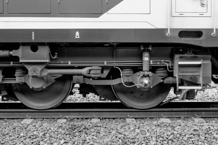 black color of train Wheels on railway stationの写真素材