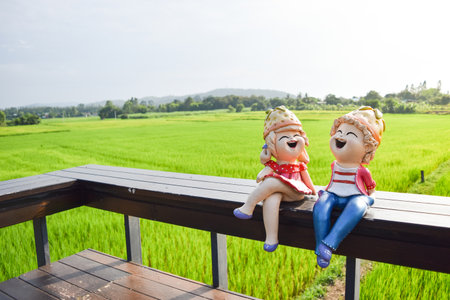 Doll sitting on the wooden floor Backdrop of green fieldsの写真素材
