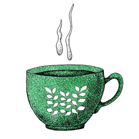 Hand drawn set with tea elements. Cup for the design of the banner, print, icon, label, menu poster cafe advertisingの写真素材