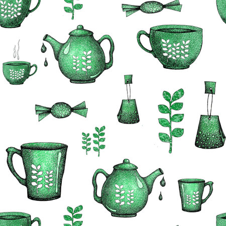 Seamless pattern with tea elements teapot, cup, mug, candy, baking. For wallpaper design, wrappers, packaging scrapbooking advertising cafes menusの写真素材