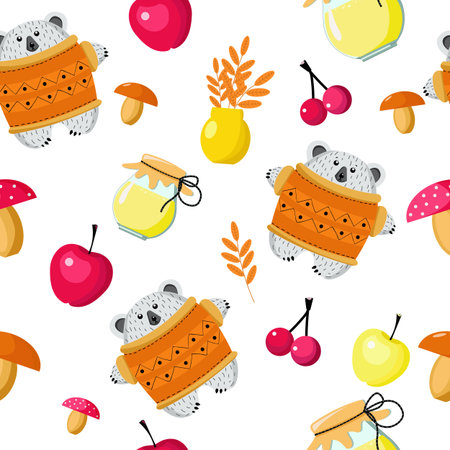 Seamless pattern bear and autumn harvest. Set of mushrooms, apples, berries, honey, leaves for the design of wallpaper, wrappers, packages, fabrics, prints cards backgroundsのイラスト素材