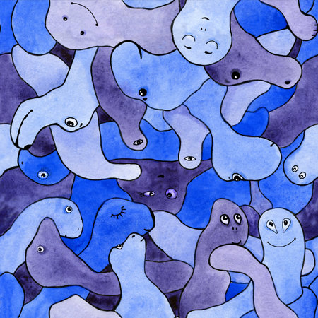 Seamless pattern with cartoon children characters. Animals, cats, dinosaurs, animals for the design of fabrics, wallpapers, covers, packaging, wrappers, backgrounds cardsの写真素材