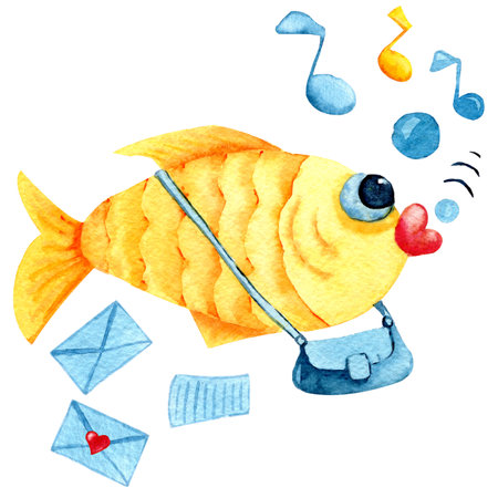 Mail and delivery for hearts in love. Singing cartoon goldfish postman with bag and envelopes. Watercolor illustration with a childish character for the design of print, postcard, banner, cover, invitation, greetings, wall, scrapbooking, wallpaperの写真素材