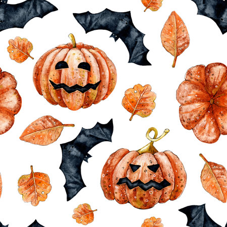 Pumpkin vegetable with face and bat for Halloween holiday decor. Seamless pattern. Watercolor hand illustration for designの写真素材