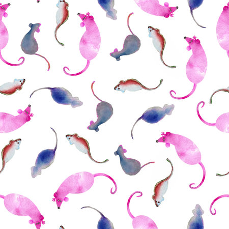 Seamless pattern with rat, mouse, symbol of New Year and Christmas 2020. Watercolor pattern for design background, wrapper, wallpaper, cover, packaging, wallpaper, invitation, greetings cardsの写真素材