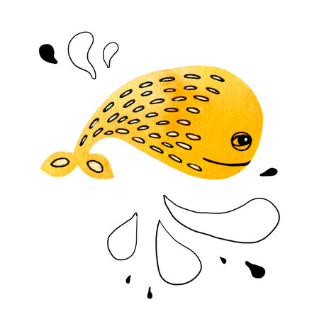 Watercolor illustration with cartoon whale. Hand drawing with a flock of marine mammals.Simple mono linear modern design.の写真素材