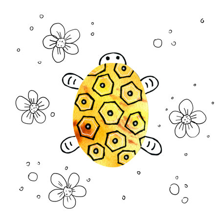 Illustration with cartoon turtle. Hand drawing with a flock of amphibians. Simple mono linear modern design.の写真素材