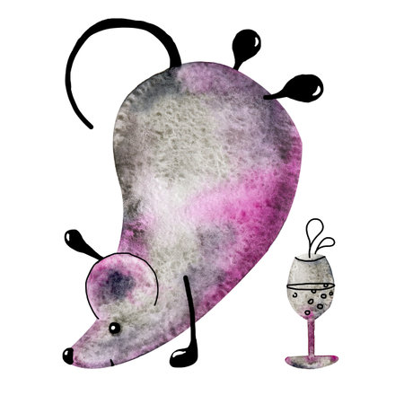 A metal mouse, a rat celebrates New Year, drinks drinks and dances. Hand drawn watercolor illustration with the symbol of the New Year 2020 for the design of the festive concept.の写真素材
