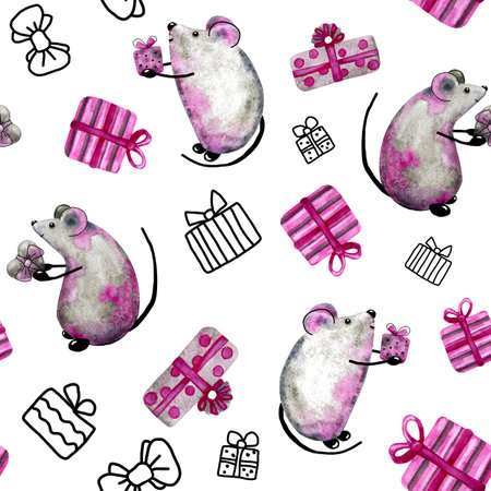 Seamless pattern with rat, mouse, symbol of New Year and Christmas 2020. Watercolor pattern for design background, wrapper, wallpaper, packaging, wallpaperの写真素材