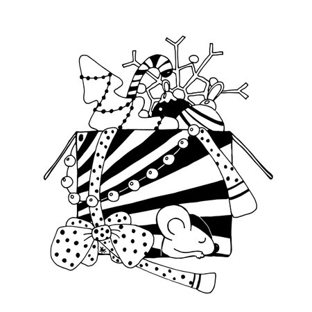 Little mouse sleeps in a box with gifts, Christmas tree and toys. Hand-made vector illustration with the symbol of the New Year 2020, Christmas and festive mood.のイラスト素材