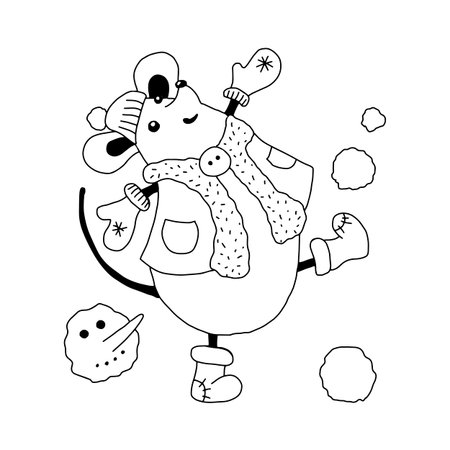 A mouse, a rat in winter clothes plays snowballs and dances. Hand drawn vector illustration with the symbol of the New Year 2020 and Christmas for the design of print, background, calendar, banner, congratulation, postcard, cover.のイラスト素材