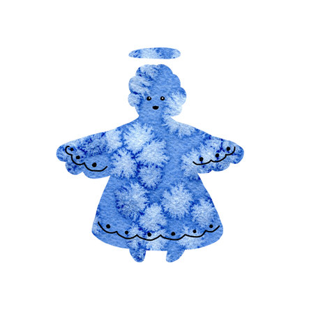 Christmas angel silhouette isolated on white background. Abstract collage with a frosty closeup pattern. Hand drawn watercolor illustration for festive New Year 2020 design and Christmas products, card, banner, congratulation.の写真素材