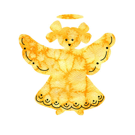 Christmas angel silhouette isolated on white background. Abstract collage with a frosty closeup pattern. Hand drawn watercolor illustration for festive New Year 2020 design and Christmas products, card, banner, congratulation.の写真素材