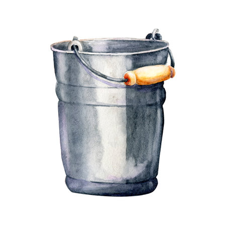Aluminum metal bucket with a handle close-up. Hand drawn watercolor illustration isolated on white background, mocap for the design of food, industrial products, menus, advertising, announcements.の写真素材
