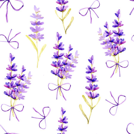 Seamless pattern with delicate lavender flowers on a white background and ribbon. Hand drawn watercolor illustration for design background, cover, wrapper, package, wedding, template, greeting card.の写真素材