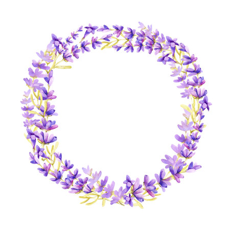 Round frame of lilac lavender flowers on a white background, with place for text. Hand drawn watercolor illustration for design of banner, template, business card, advertisement, wedding, invitation.の写真素材