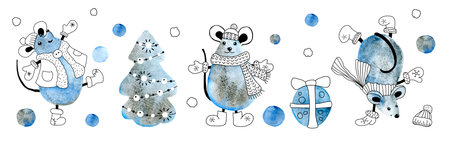 Funny mouse, rats, the symbol of New Year 2020, dance near the Christmas tree and play snowballs. Horizontal banner on a white background. Hand drawn watercolor illustration. Design for holiday background, template, poster, postcard, print.の写真素材