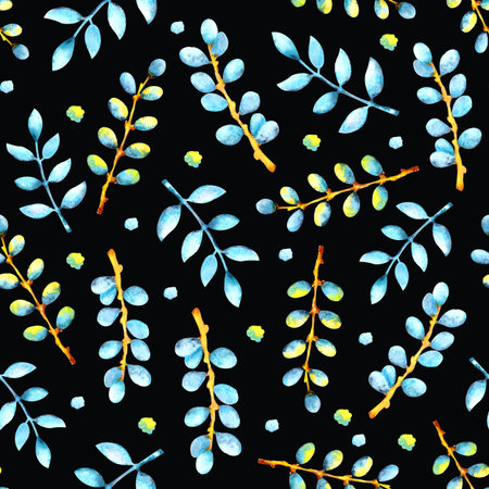 Seamless pattern with spring willow twigs. Hand darwn watercolor illustration on a black background. Design Easter products, wallpapers, covers, packaging, wrappers, fabrics, prints, postcards.の写真素材