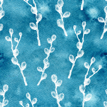 Seamless pattern with spring willow twigs. Hand drawn watercolor illustration on a blue background. Design Easter products, wallpapers, covers, packaging, wrappers, fabrics, prints, postcards.の写真素材