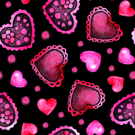Seamless pattern pink abstract heart close up. Hand watercolor illustration isolated on black...