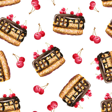 Seamless pattern with chocolate cake and cherry berry. Hand watercolor illustration on a white background. Design of packaging, wrappers, wallpapers, covers, fabrics, textiles, menus, postcards.の写真素材