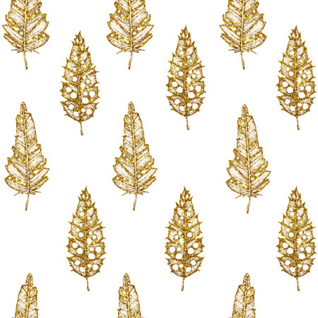 Seamless pattern with lace gold feather of a bird. Hand drawn watercolor illustration on a white background. Design Easter products, wallpapers, covers, packaging, wrappers.の写真素材