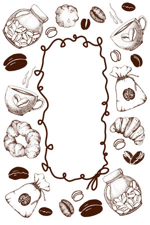 Vector illustration with coffee attributes -cup with drink, grain, mug, teapot, croissant, jar. Collection for design menu, cafe, restaurant, blackboard advertisement banner backgroundのイラスト素材