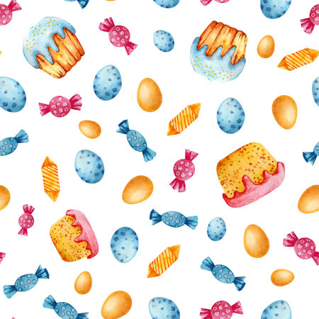 Seamless pattern with colored eggs, easter cake and sweets. Hand drawn watercolor illustration on a white background. Design Easter products, wallpapers, covers, packaging, wrappers, fabrics.の写真素材