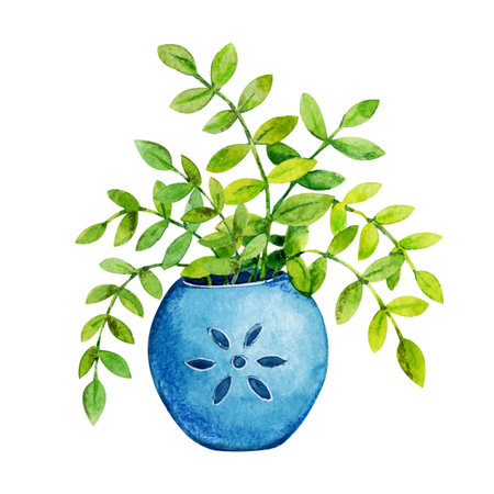 Potted flowers, green plant. Hand drawn watercolor illustration isolated on white background for design of postcard, cover, advertisement, store.の写真素材