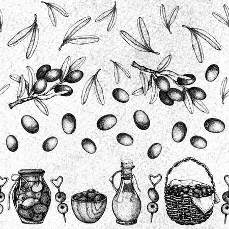 Seamless pattern with olive tree branches and fruits, basket, oil bottle, storage jar. Hand drawn watercolor and graphic illustration on a textured light background.の写真素材