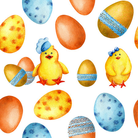 Seamless pattern with easter pattern egg and chickens. Hand drawn watercolor illustration on a white background. Design Easter products, wallpapers, covers, packaging, wrappers, fabrics, postcards.の写真素材
