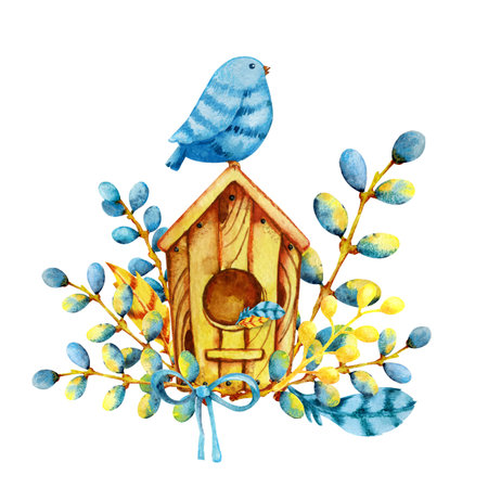 The bird meets spring and Easter, sits on a birdhouse and willow twigs. Hand drawn watercolor illustration isolated on white background. Concept of Easter, holiday. Design greeting cards, greetings.の写真素材