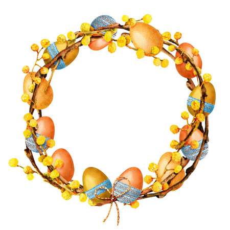 A wreath of twigs and twigs of yellow mimosa flowers and egg. Hand drawn watercolor illustration isolated on white background. Symbol of spring and easter. Frame for print, greeting card, packagingの写真素材