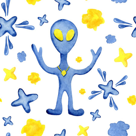 Space, starry sky and planet.  seamless pattern on a white background. Handdrawn doodle illustration. For the design of childrens products, clothes for boys, fabrics, textiles, wallpaper.の写真素材