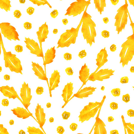 Seamless pattern with yellow flowers, twigs and leaves. Hand watercolor illustration on a white background. Design for fabric, print, template, packaging, wrapper, textile, wallpaper, invitation.の写真素材