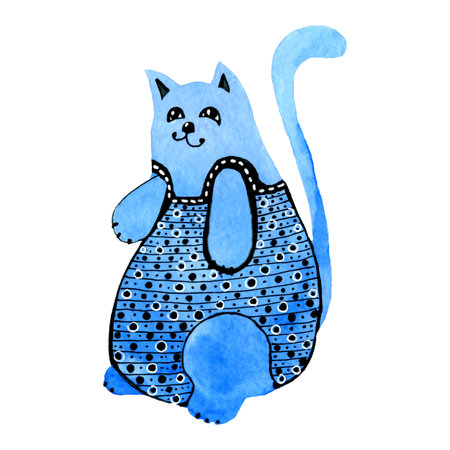Cute blue cat, kitten with patterns in doodle style. Hand watercolor illustration isolated on white background. For the design of children's products, invitations, greetings, covers, postcards.の写真素材