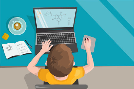 Remote home-based online training. A schoolboy with a computer sits at a table in his house and listens to a school lesson. Vector flat illustration. The concept of individual and distance learning.のイラスト素材