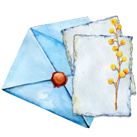 An envelope of old paper with a letter, wax seal and mimosa. Hand drawn watercolor closeup illustration. For design concepts of mail, correspondence, message, background, template, greeting card.の写真素材
