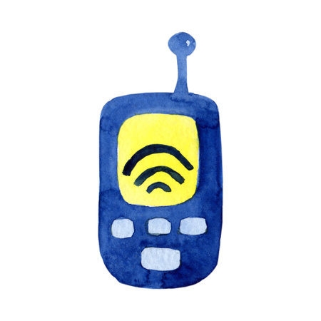 Walkie-talkie, transmitter, telephone for communication in space. Hand drawn watercolor illustration...