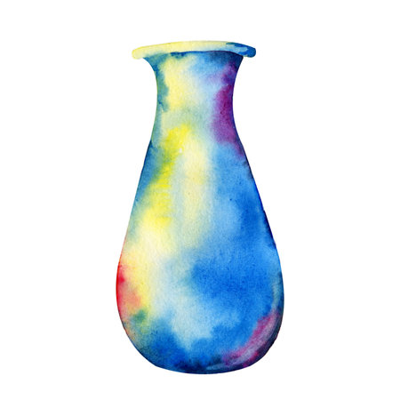 Clay ceramic pot close-up, vase, antique dishes. Hand drawn watercolor illustration, mocap for the design of food, industrial products, menus, advertising, ads.の写真素材