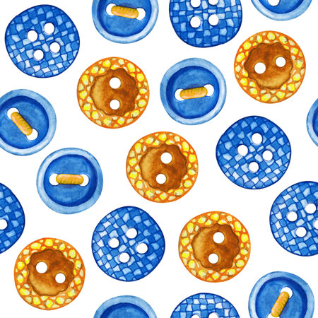 Seamless patterns with buttons for clothes. Watercolor illustration isolated on white background. Needlewoman packaging design, hobby, wallpaper, wrapper.の写真素材