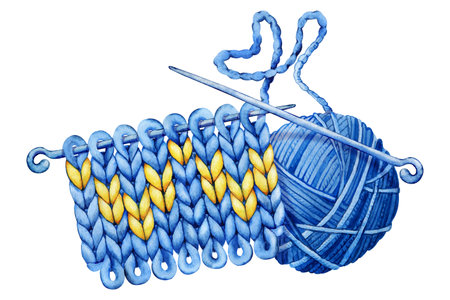 Knitted fabric with a pattern, knitting needles, a ball of yarn. Watercolor hand drawn illustration...