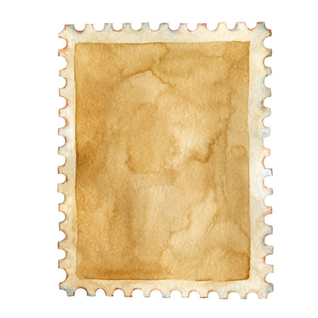 Blank postage stamp, postmark. Watercolor hand drawn illustration isolated on white background. Mail design, postal correspondence, scrapbooking, handmade, postcards, envelopes.の写真素材