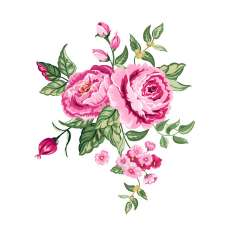 Rose buds and leaves. Vector illustration isolated on white background. For the design of weddings, shawls, fabrics, Mothers Day, Valentines Day, covers, cards, invitations, congratulations.のイラスト素材