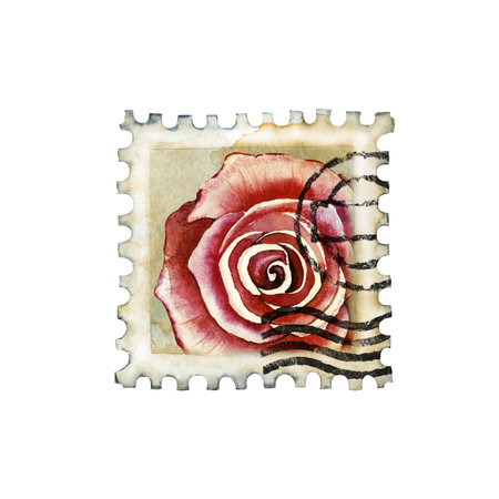 Blank postage stamp, postmark. Vintage rose, mistletoe berries. Watercolor hand drawn illustration isolated white background. Mail design, postal correspondence, scrapbooking, postcards, envelopes.の写真素材