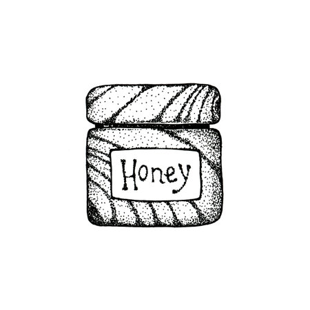 A jar of honey, a beekeeping product isolated on white background. Close-up graphic illustration. Packaging and wrapping design for honey, food industry, beekeeper.の写真素材