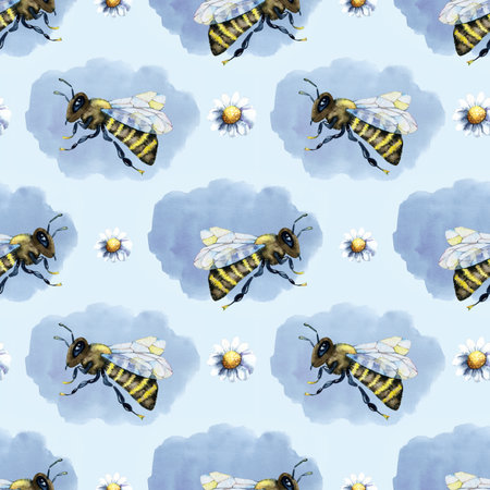 Digital paper seamless pattern with bee wasp, bumblebee, honey, clouds, sky, chamomile. Hand drawn watercolor illustration isolated on blue background.の写真素材