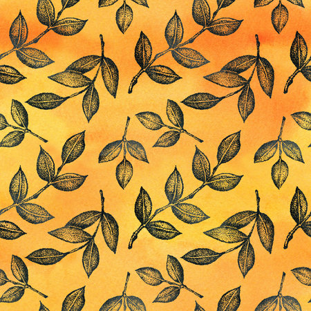 Seamless pattern Graphic twigs with leaves on a yellow watercolor textured background. Hand drawn illustration for template design, social media, cover, fabric, packaging, wallpaperの写真素材